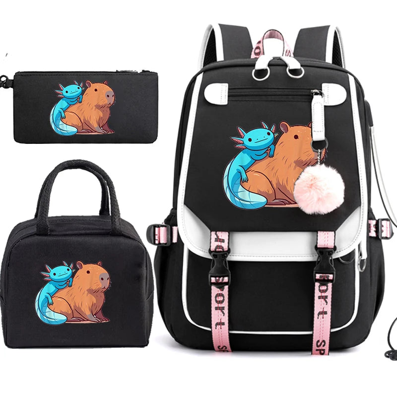 Boba Axolotl Anime School Backpack for Teenage Girls Fashiona Back To School Bookbag Mochila Bookbag with Lunch Bags ,Pencil Bag
