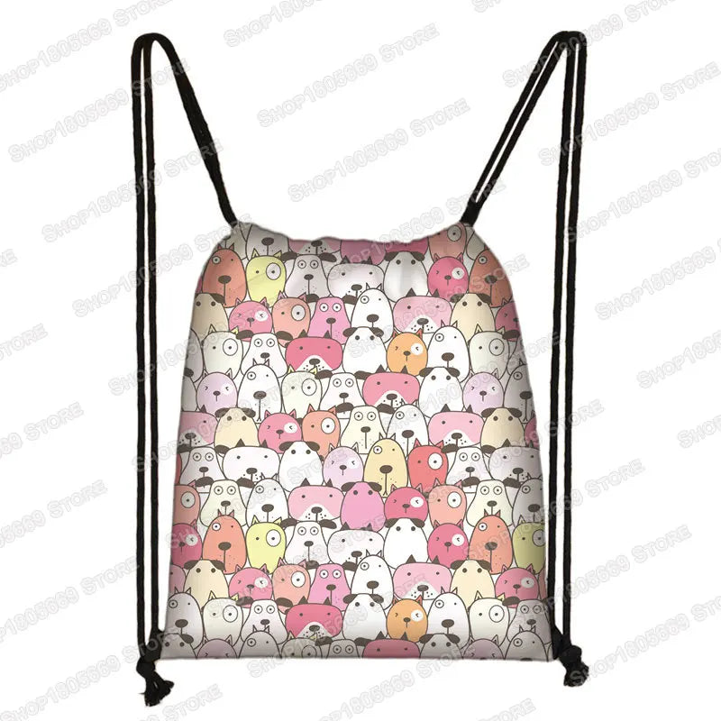 Kawaii Cartoon Dog Cat Backpack Women Drawstring Bags Canvas Shoulder Bag for Travel Girls Rucksack Storage Bags Shoes Holder
