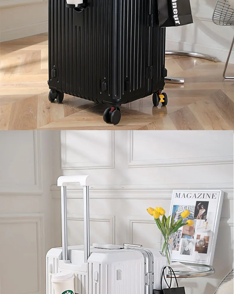 sushimu Suitcase Wide Handle Travel Suitcase Men 20 24 26 Carry-On Luggage Women PC Aluminum Frame Trolley Case