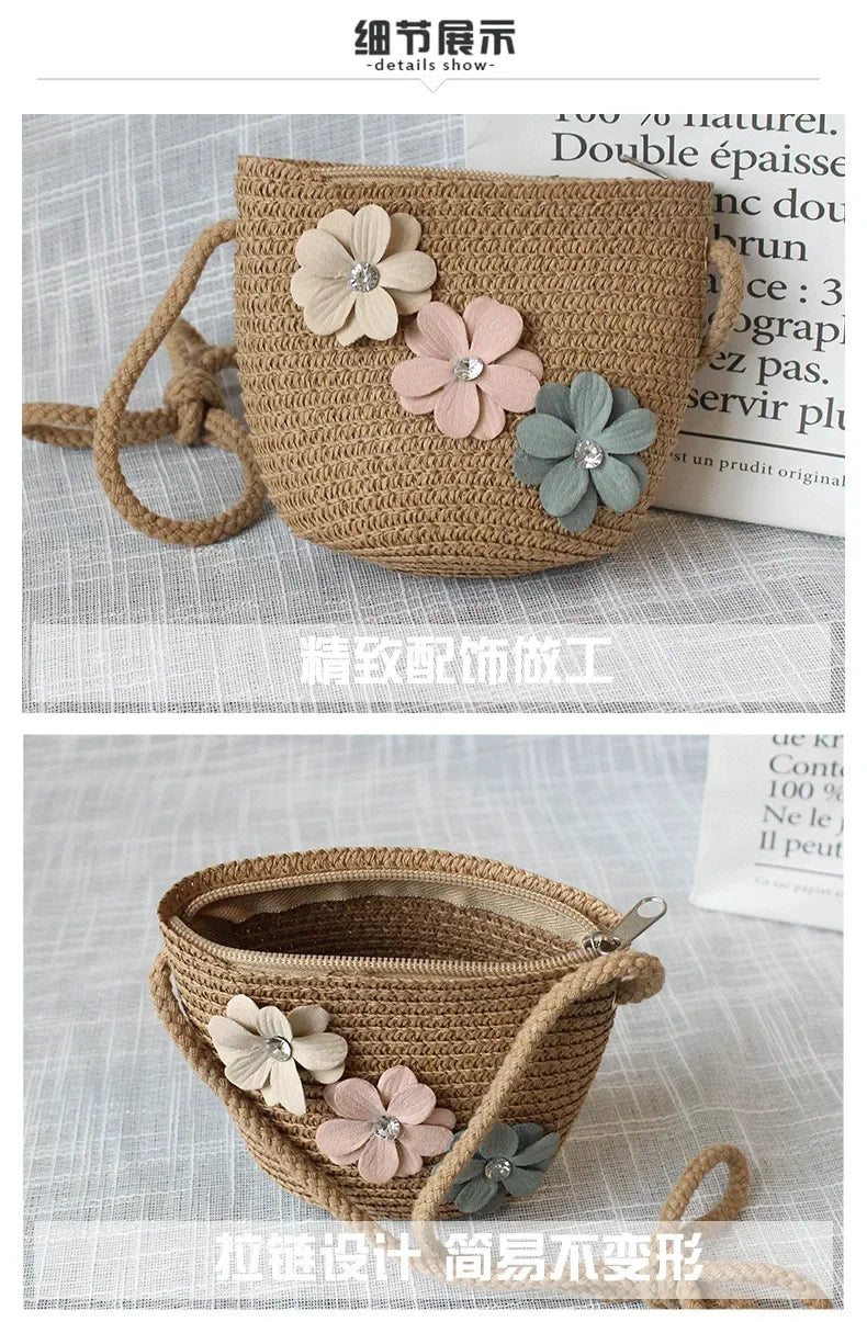 Children's Straw Crossbody Bag Lovely Girls Small Coin Purse Princess Wallet Handbags Baby Kids Mini Summer Shoulder Bags