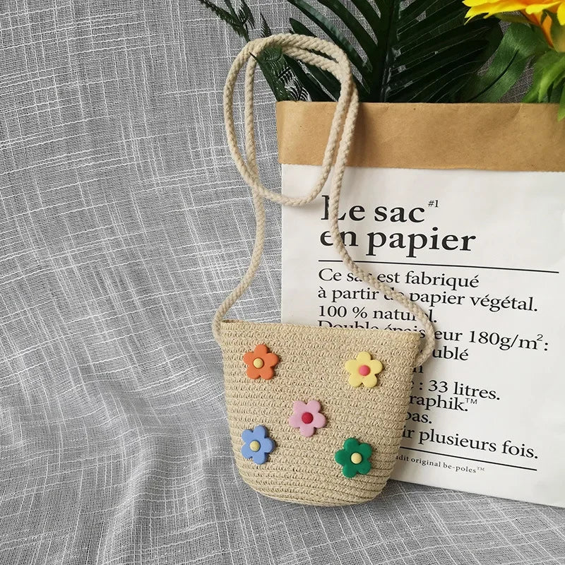 Children's Straw Crossbody Bag Lovely Girls Small Coin Purse Princess Wallet Handbags Baby Kids Mini Summer Shoulder Bags