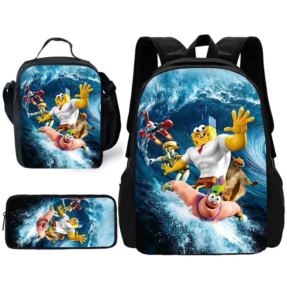 Cute Potdemiel Child School Backpack with Lunch Bags ,Pencil Bags ,School Bags for Boys Girls S-Sponge-BobS Best Gift