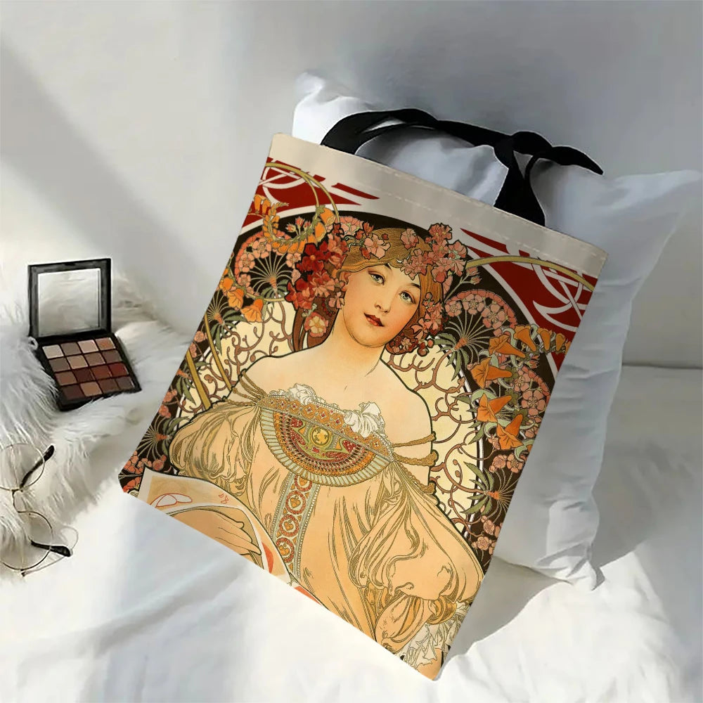 Mucha Series Digital Printed Linen Bag Open Tote Bag Handbag Retro Shopping Bag