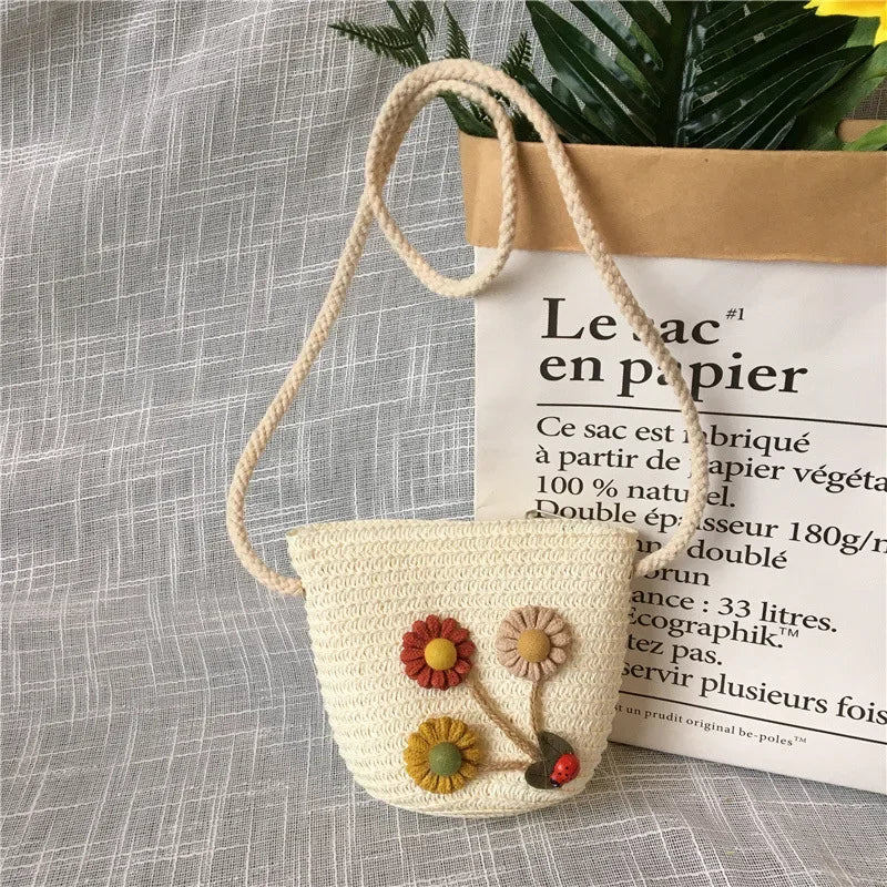 Children's Straw Crossbody Bag Lovely Girls Small Coin Purse Princess Wallet Handbags Baby Kids Mini Summer Shoulder Bags