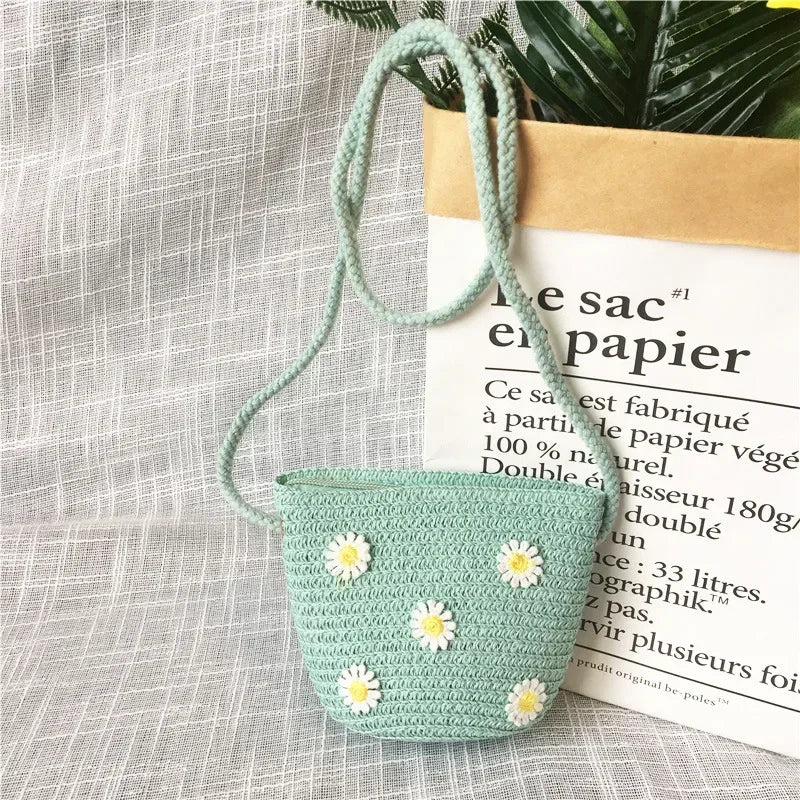 Children's Straw Crossbody Bag Lovely Girls Small Coin Purse Princess Wallet Handbags Baby Kids Mini Summer Shoulder Bags