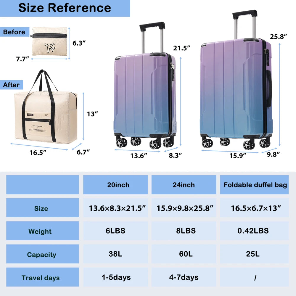 Luggage Sets 2 Piece Suitcase Set with Spinner Wheels, Built-in TSA Lock, Foldable Duffel Bag for Travel Men & Women