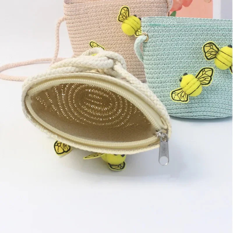 Children's Straw Crossbody Bag Lovely Girls Small Coin Purse Princess Wallet Handbags Baby Kids Mini Summer Shoulder Bags