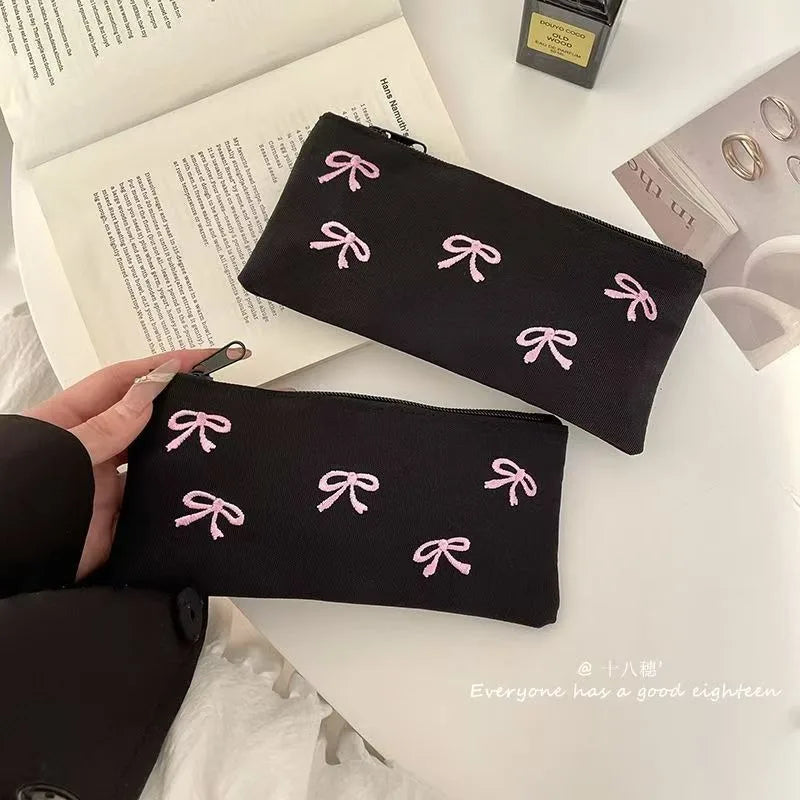ins Japanese bow embroidery pencil bag high value girl student stationery makeup brush storage bag portable pencil bag
