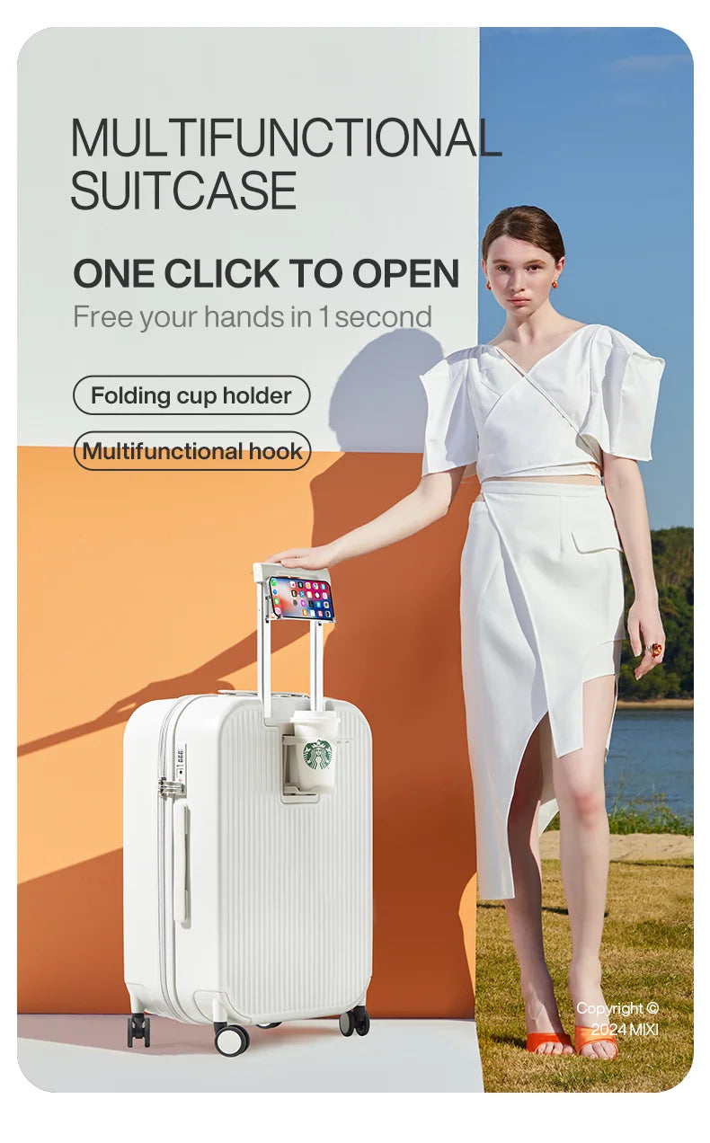 Mixi New Design Suitcase Carry On Luggage with Cup Phone Holder Hard Shell Rolling Luggage PC Spinner Wheels Trolley Case