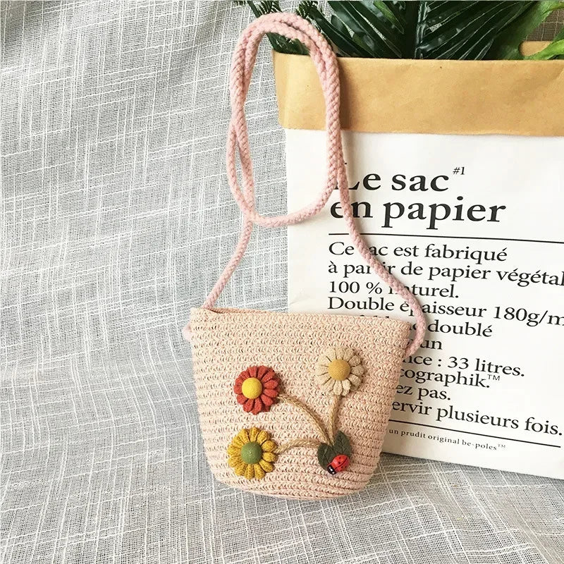 Children's Straw Crossbody Bag Lovely Girls Small Coin Purse Princess Wallet Handbags Baby Kids Mini Summer Shoulder Bags