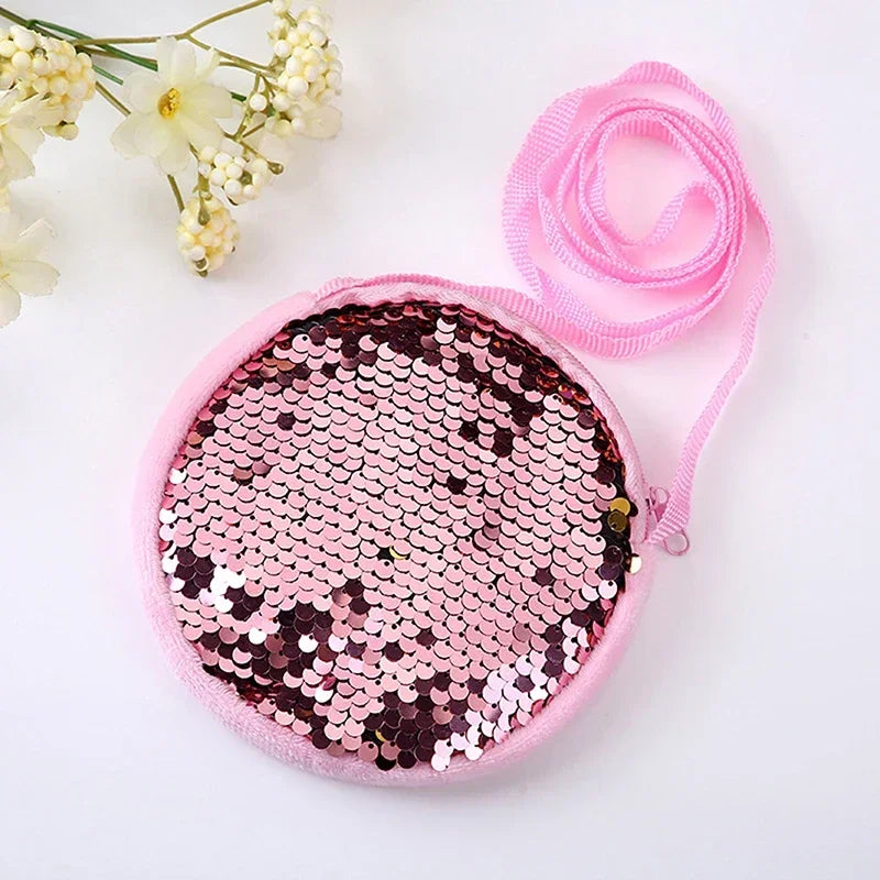 Lovely Round Princess Coin Purse Color Sequins Shiny Lanyard Shoulder Bag Children's Messenger Small Pack Kids Handbag Girl Gift
