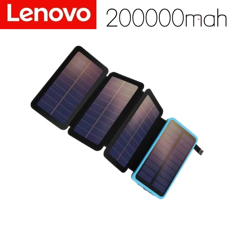 Lenovo LED Solar Power Bank  200000mAh 4 Solar Panels Wireless Charger Portable External Battery Flashlight for Outdoor Travel