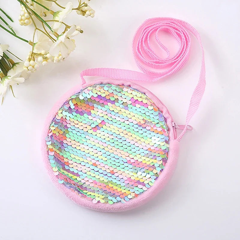 Lovely Round Princess Coin Purse Color Sequins Shiny Lanyard Shoulder Bag Children's Messenger Small Pack Kids Handbag Girl Gift
