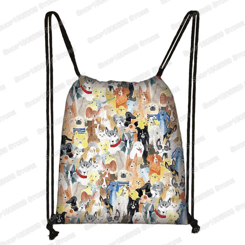 Kawaii Cartoon Dog Cat Backpack Women Drawstring Bags Canvas Shoulder Bag for Travel Girls Rucksack Storage Bags Shoes Holder