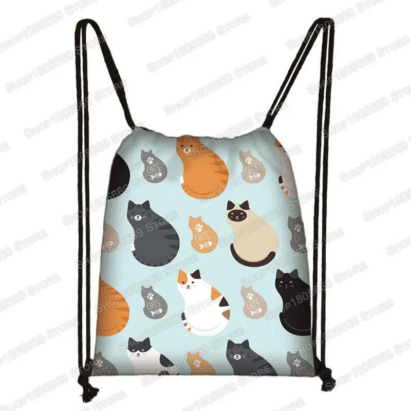 Kawaii Cartoon Dog Cat Backpack Women Drawstring Bags Canvas Shoulder Bag for Travel Girls Rucksack Storage Bags Shoes Holder