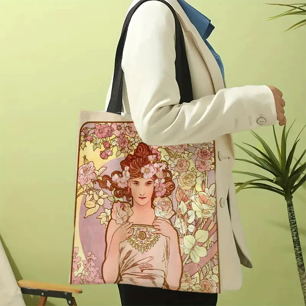 Mucha Series Digital Printed Linen Bag Open Tote Bag Handbag Retro Shopping Bag