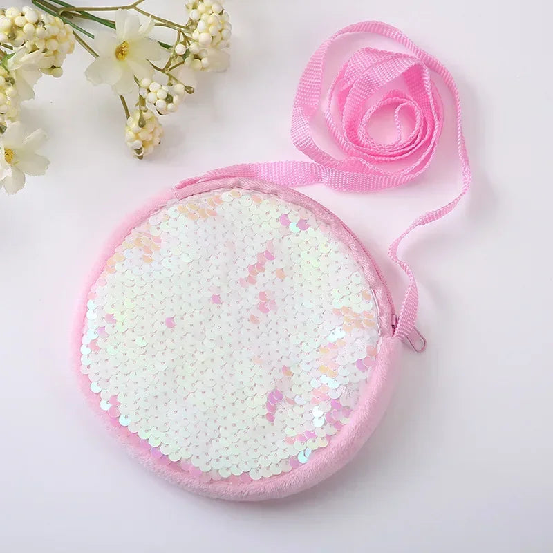 Round Princess Coin Purse Color Sequins Shiny Lanyard Shoulder Bag Children's Messenger Small Pack Kids Handbag Lovely Girl Gift