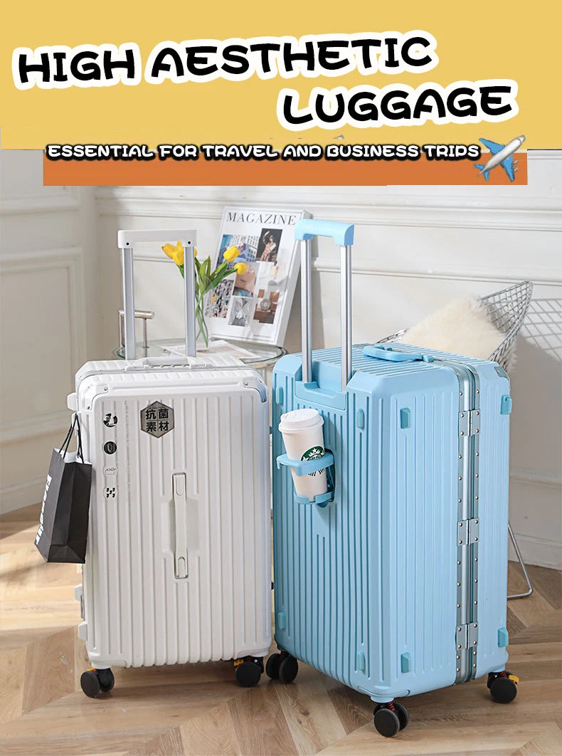sushimu Suitcase Wide Handle Travel Suitcase Men 20 24 26 Carry-On Luggage Women PC Aluminum Frame Trolley Case