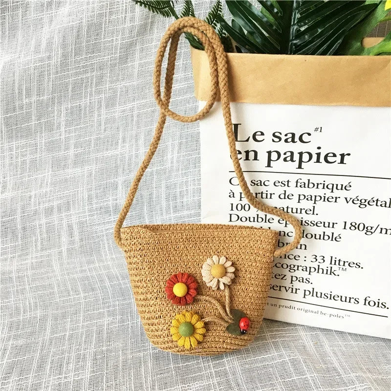 Children's Straw Crossbody Bag Lovely Girls Small Coin Purse Princess Wallet Handbags Baby Kids Mini Summer Shoulder Bags