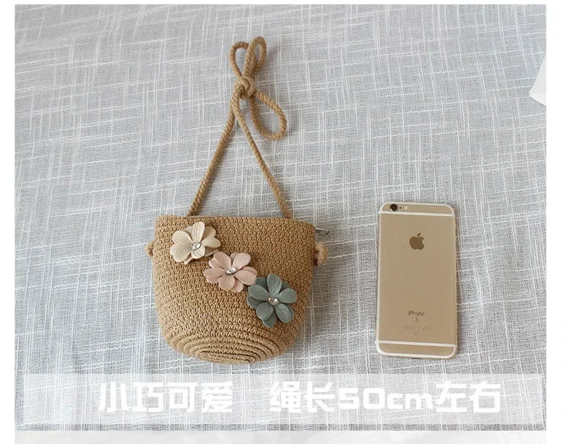 Children's Straw Crossbody Bag Lovely Girls Small Coin Purse Princess Wallet Handbags Baby Kids Mini Summer Shoulder Bags