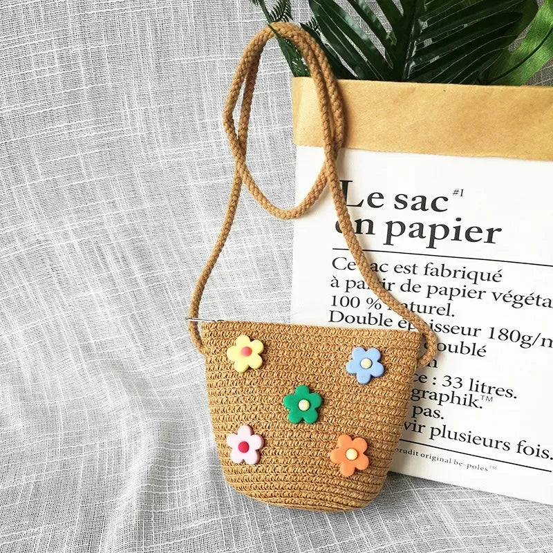Children's Straw Crossbody Bag Lovely Girls Small Coin Purse Princess Wallet Handbags Baby Kids Mini Summer Shoulder Bags