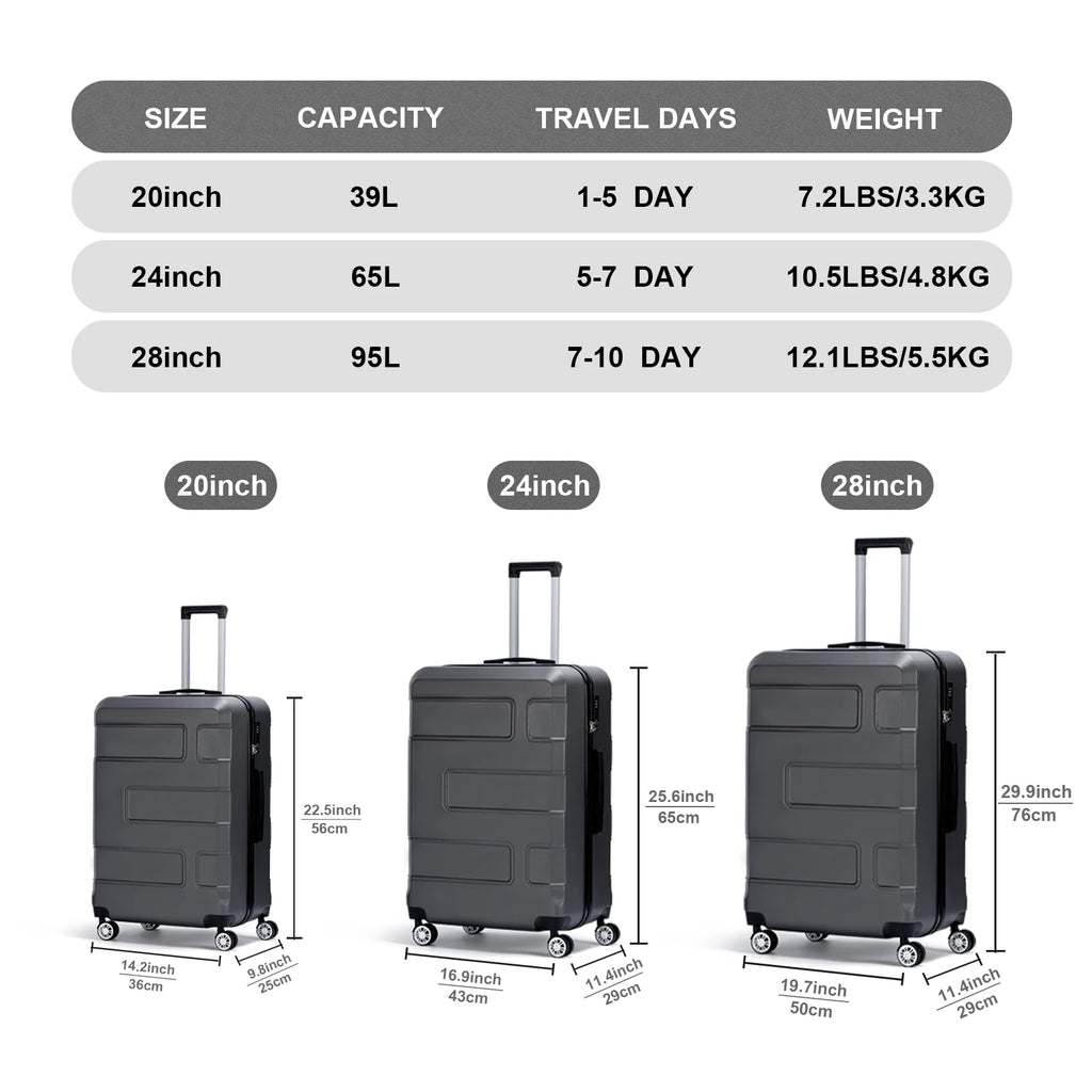 3-Piece Luggage Set with Spinner Wheels and TSA Lock (20/24/28)