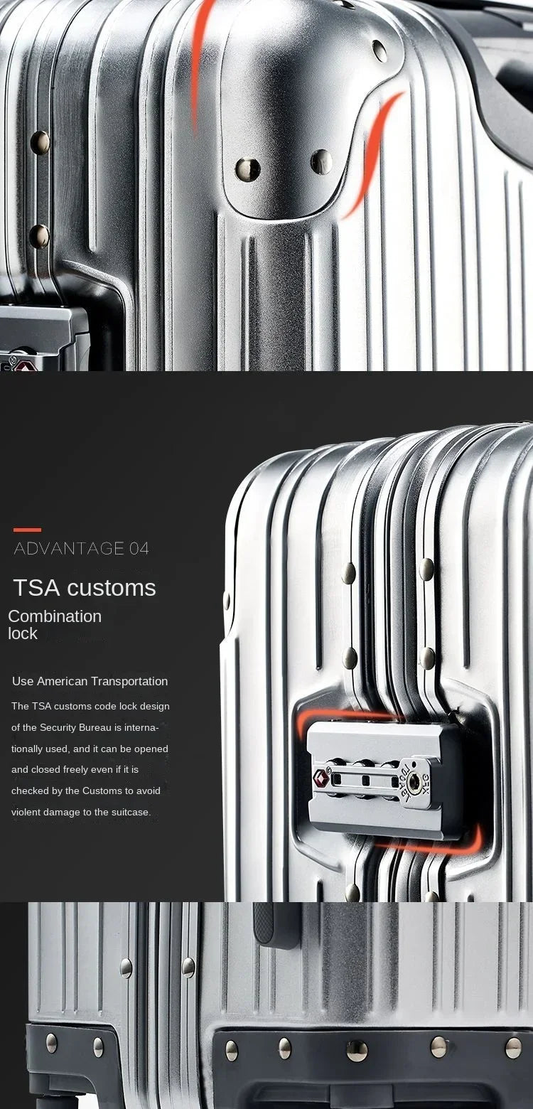 100% Aluminum-Magnesium Alloy Suitcases 20/24/26/29 Inch Lightweight Spinner Luggage TSA Lock Durable Travel Bag