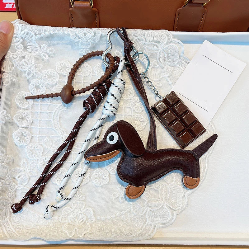 Leather Dachshund Bag Pendant Creative Keychain Lanyard bag Accessory Key Pendant Car Keyring Charm Gift