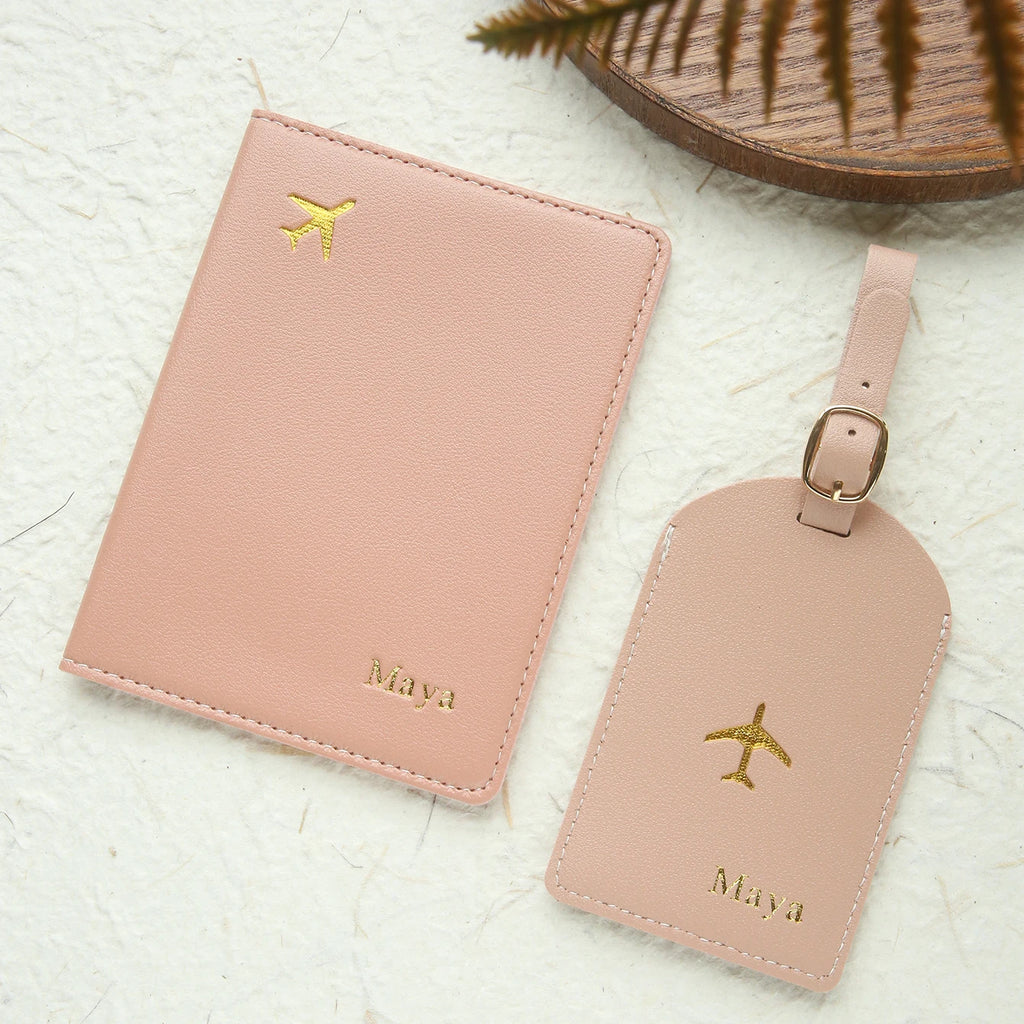 2PCS Custom Name Passport Holder & Luggage Tag Set Customized Gold Monogram Name Faux Leather Passport Cover with a Luggage Tag