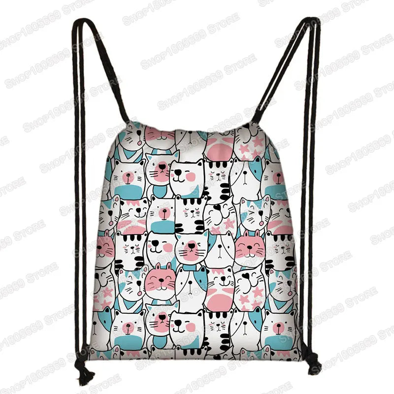Kawaii Cartoon Dog Cat Backpack Women Drawstring Bags Canvas Shoulder Bag for Travel Girls Rucksack Storage Bags Shoes Holder