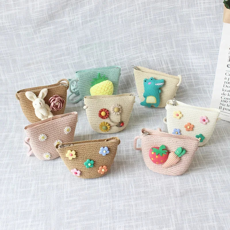 Children's Straw Crossbody Bag Lovely Girls Small Coin Purse Princess Wallet Handbags Baby Kids Mini Summer Shoulder Bags