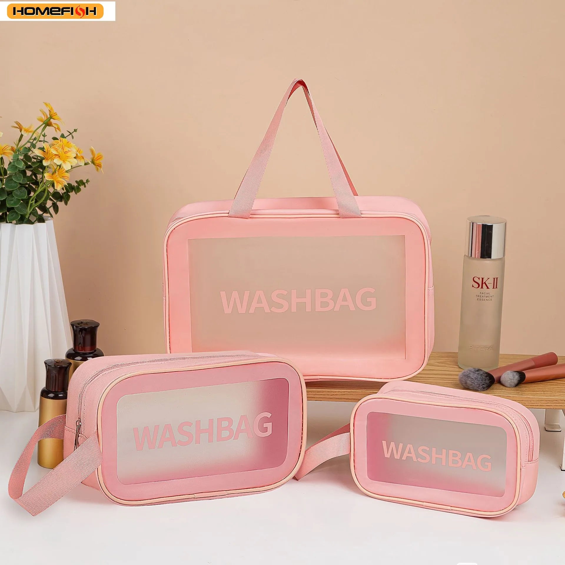 Homefish Pu Transparent Three Piece Makeup And Toiletries Bag, Large Capacity Pvc Semi Transparent Frosted Portable Storage Bag