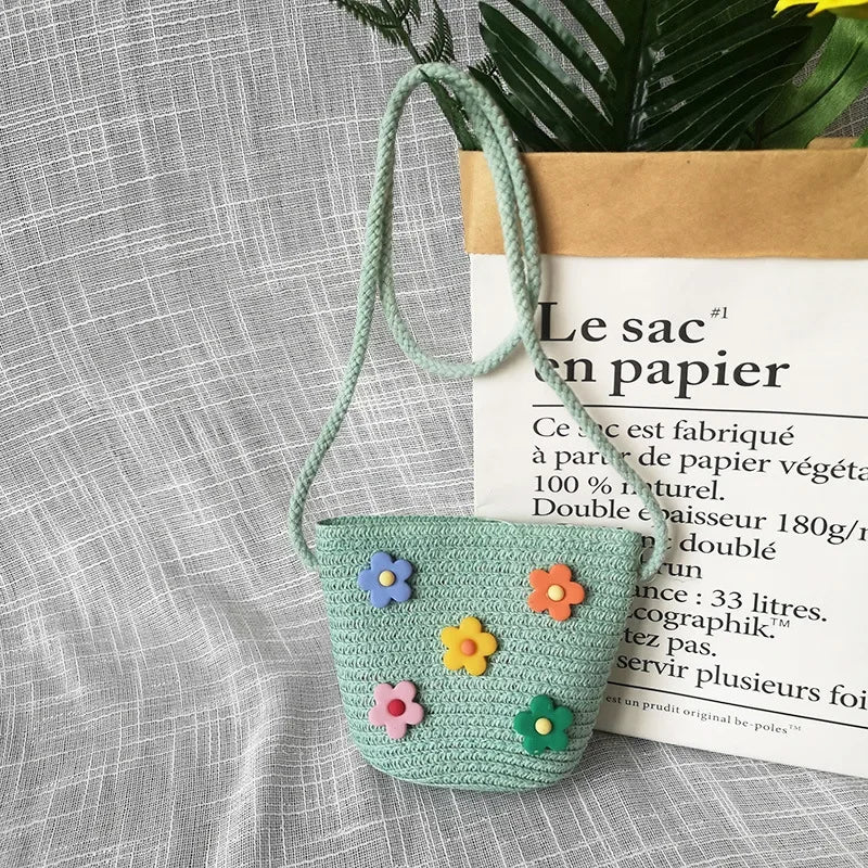 Children's Straw Crossbody Bag Lovely Girls Small Coin Purse Princess Wallet Handbags Baby Kids Mini Summer Shoulder Bags