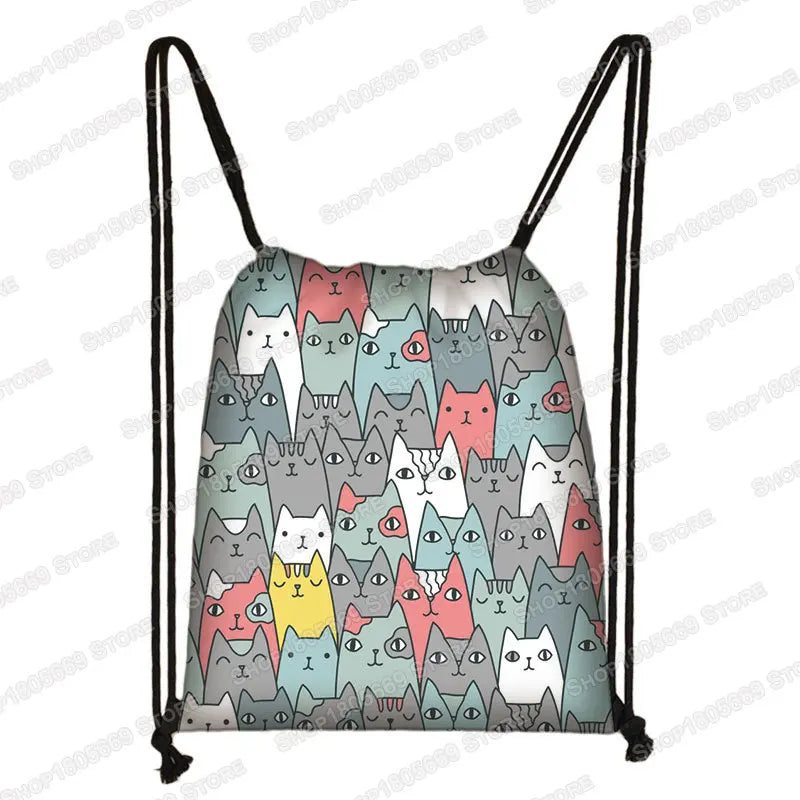 Kawaii Cartoon Dog Cat Backpack Women Drawstring Bags Canvas Shoulder Bag for Travel Girls Rucksack Storage Bags Shoes Holder