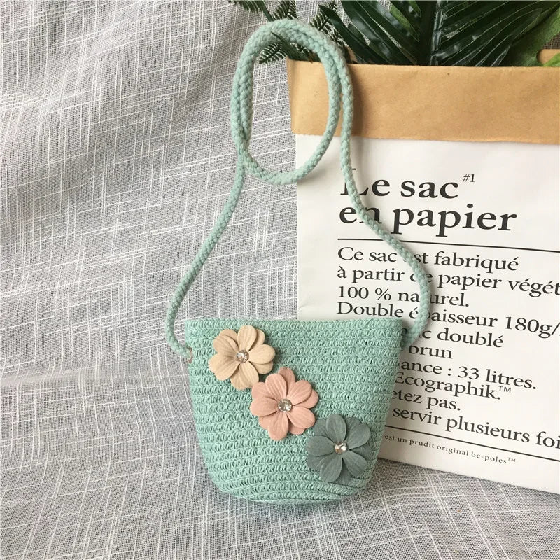 Children's Straw Crossbody Bag Lovely Girls Small Coin Purse Princess Wallet Handbags Baby Kids Mini Summer Shoulder Bags