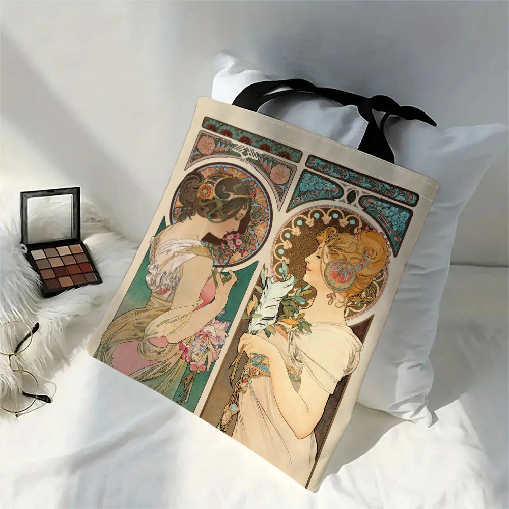 Mucha Series Digital Printed Linen Bag Open Tote Bag Handbag Retro Shopping Bag