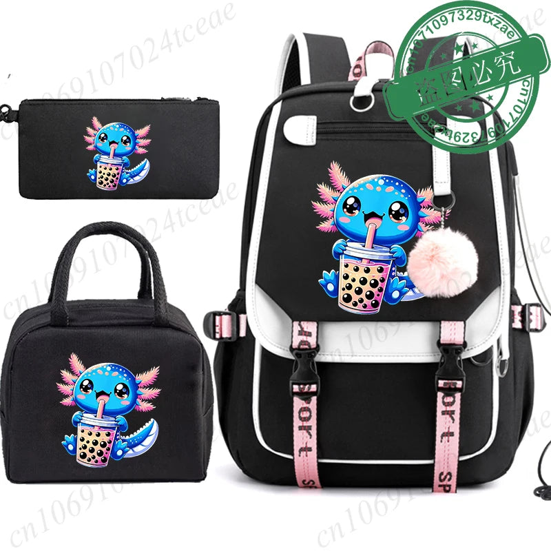 Boba Axolotl Anime School Backpack for Teenage Girls Fashiona Back To School Bookbag Mochila Bookbag with Lunch Bags ,Pencil Bag