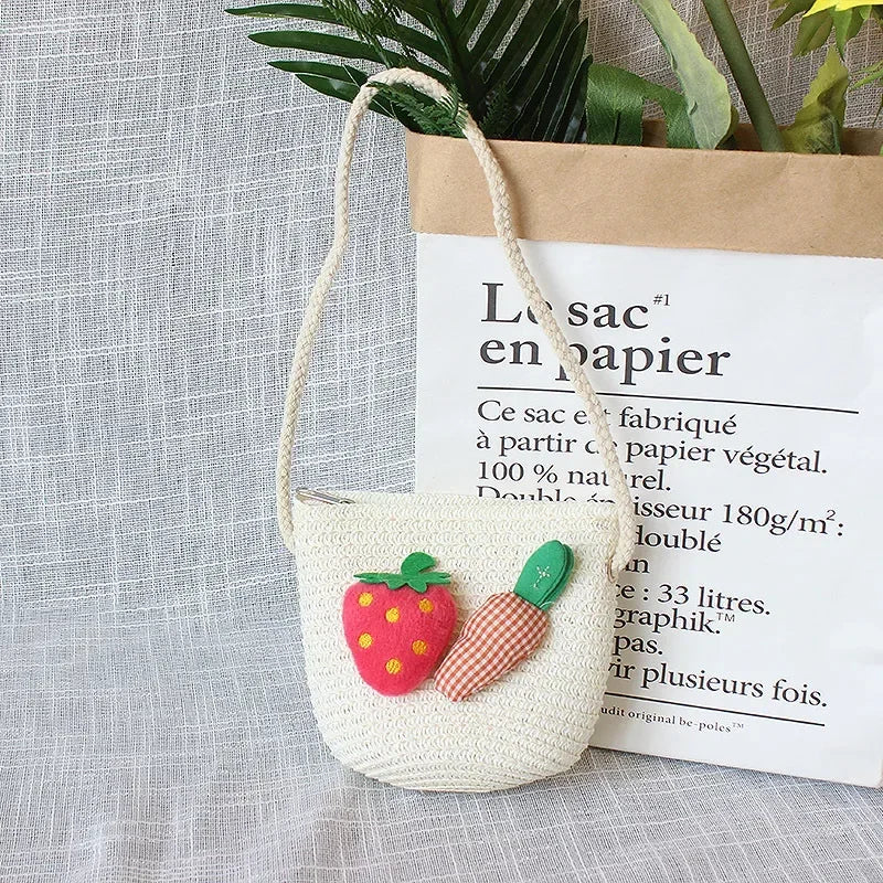 Children's Straw Crossbody Bag Lovely Girls Small Coin Purse Princess Wallet Handbags Baby Kids Mini Summer Shoulder Bags