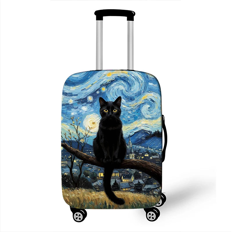 Cute Black Cat in Van Gogh Oil Painting Luggage Cover for Travel Elastic Anti-dust Suitcase Covers Trolley Case Protective Cover