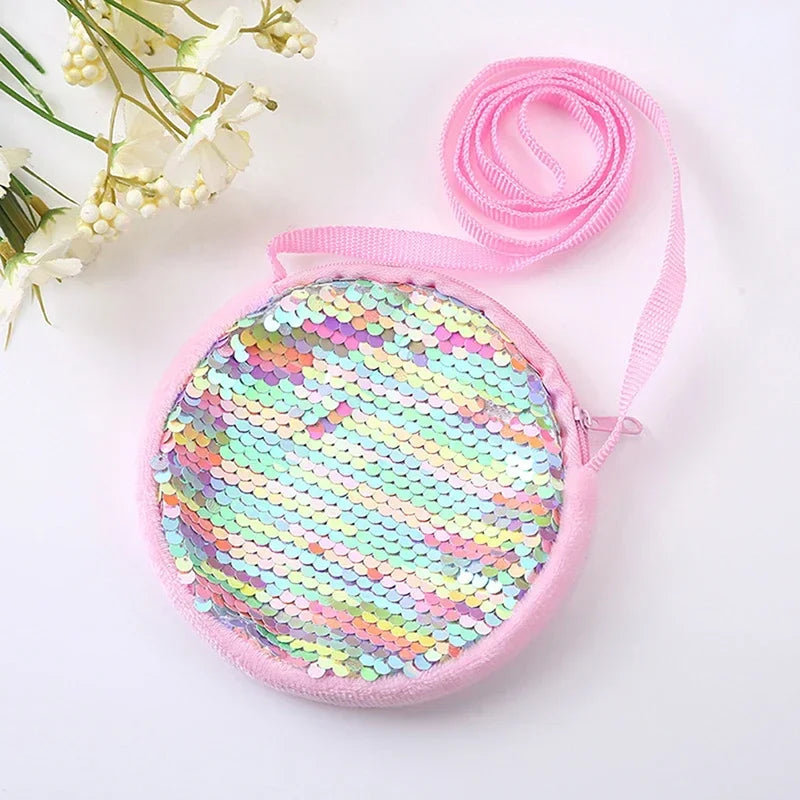 Lovely Round Princess Coin Purse Color Sequins Shiny Lanyard Shoulder Bag Children's Messenger Small Pack Kids Handbag Girl Gift