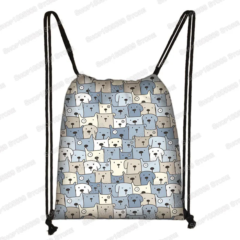 Kawaii Cartoon Dog Cat Backpack Women Drawstring Bags Canvas Shoulder Bag for Travel Girls Rucksack Storage Bags Shoes Holder