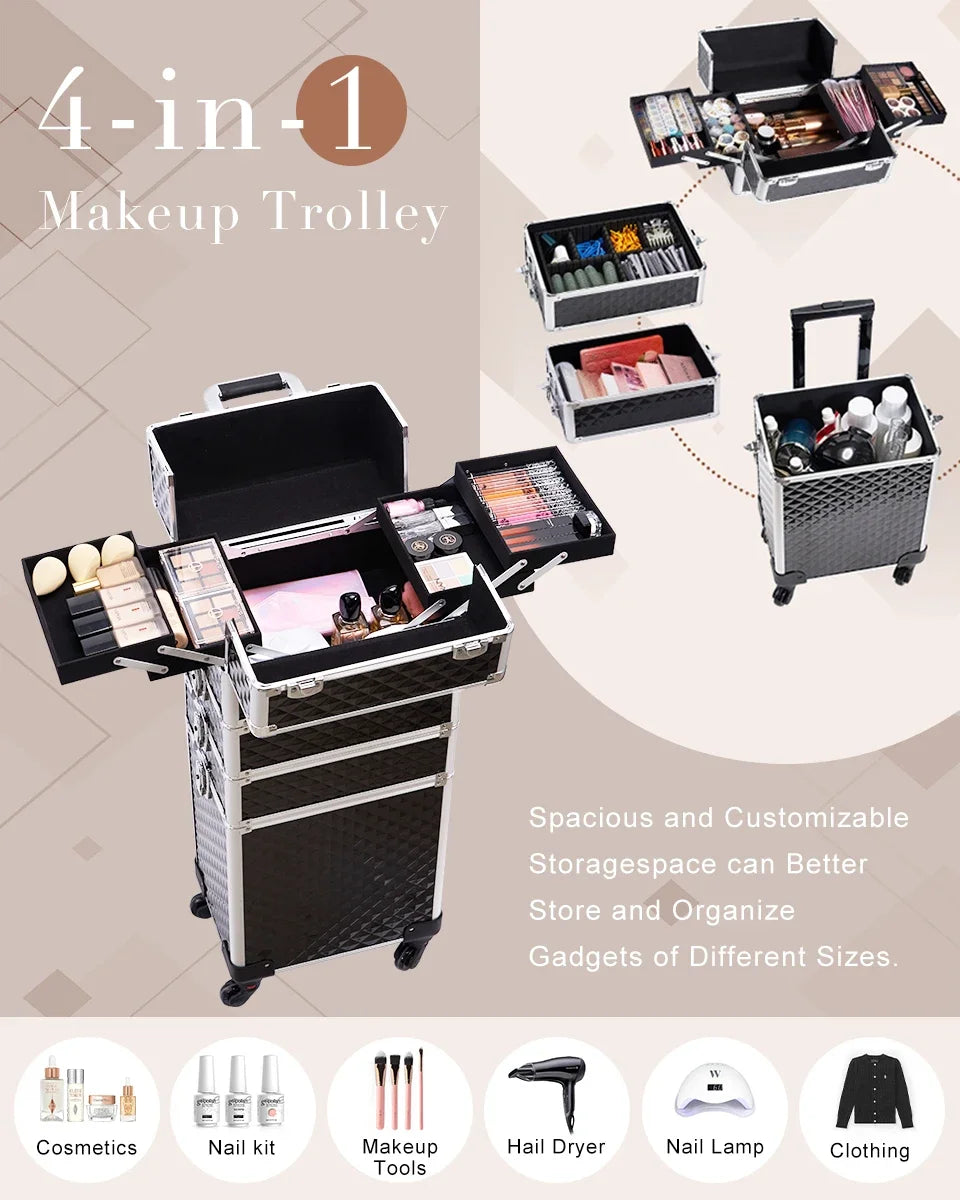 Makeup Trolley Case Detachable 4 in 1 Alloy Train Briefcase for Nail Manicure on Wheels Lock Salon Large Capacity Storage Case