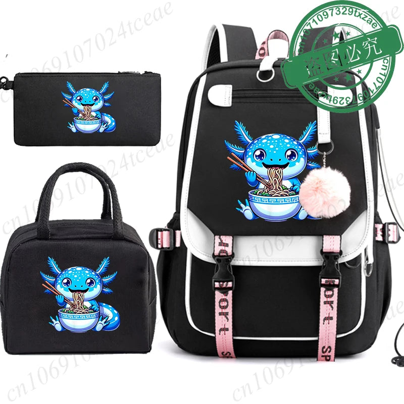 Boba Axolotl Anime School Backpack for Teenage Girls Fashiona Back To School Bookbag Mochila Bookbag with Lunch Bags ,Pencil Bag