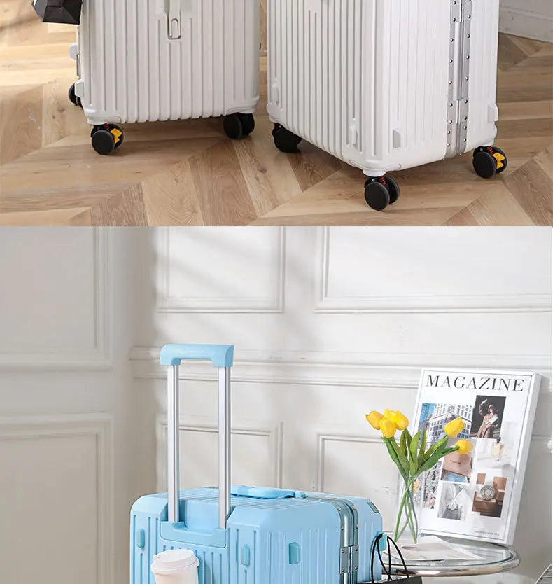 sushimu Suitcase Wide Handle Travel Suitcase Men 20 24 26 Carry-On Luggage Women PC Aluminum Frame Trolley Case