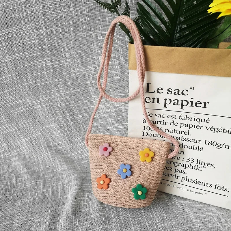 Children's Straw Crossbody Bag Lovely Girls Small Coin Purse Princess Wallet Handbags Baby Kids Mini Summer Shoulder Bags