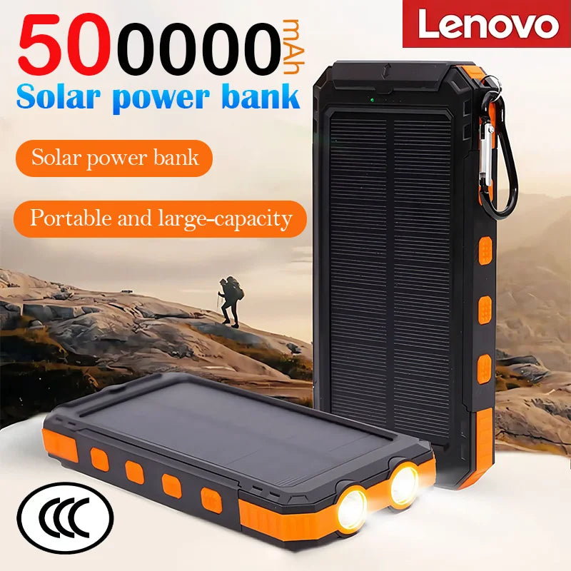 Lenovo 500000mAh Solar Power Bank Waterproof Outdoor Dual USB Ports Portable Solar Phone Charger Powerbank for Camping Travel