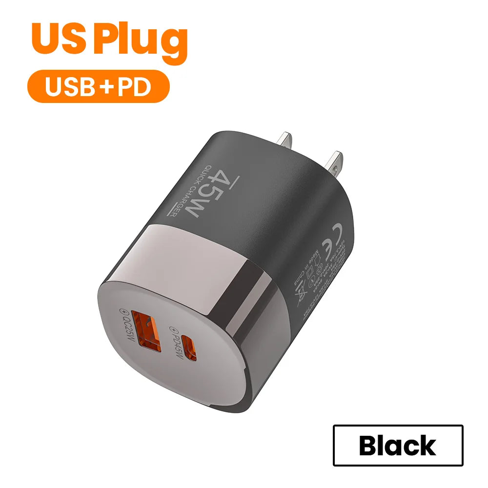 Dual Ports USB Type C Charger Fast Charging 45W QC PD 3.0 Travel Wall Charger Adpater Fast USB Chargers For Phone EU US UK Plug