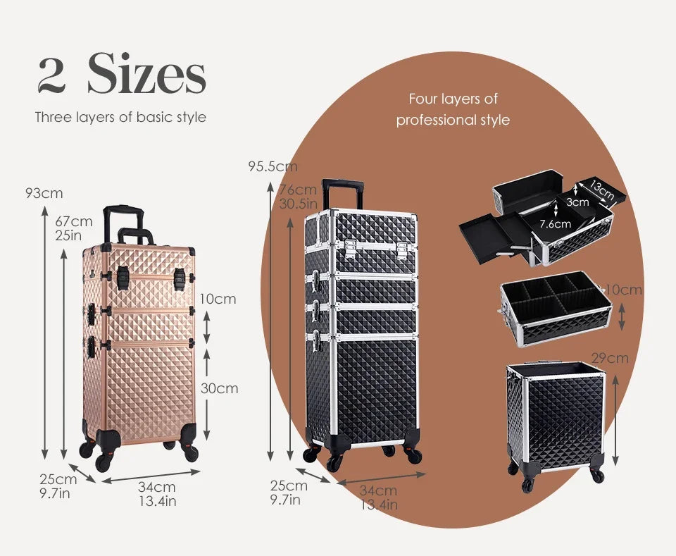 Makeup Trolley Case Detachable 4 in 1 Alloy Train Briefcase for Nail Manicure on Wheels Lock Salon Large Capacity Storage Case