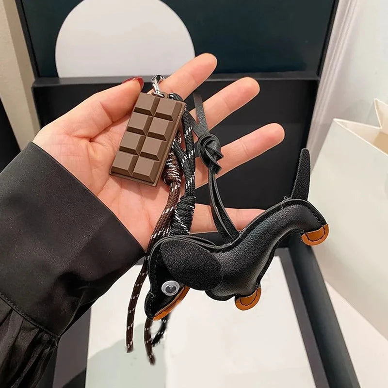 Leather Dachshund Bag Pendant Creative Keychain Lanyard bag Accessory Key Pendant Car Keyring Charm Gift