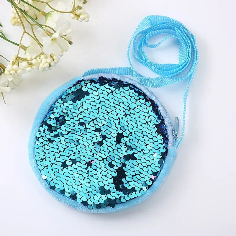 Round Princess Coin Purse Color Sequins Shiny Lanyard Shoulder Bag Children's Messenger Small Pack Kids Handbag Lovely Girl Gift